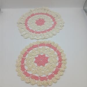 VTG Crochet Lace Doily Doilies Housewarming Gift Handmade Set of 2 Ivory & Pink